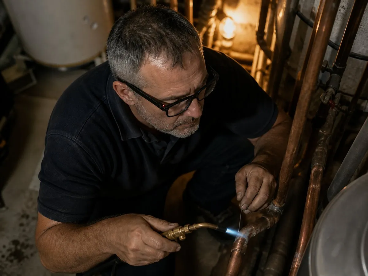 An engineer brazing a copper pipe