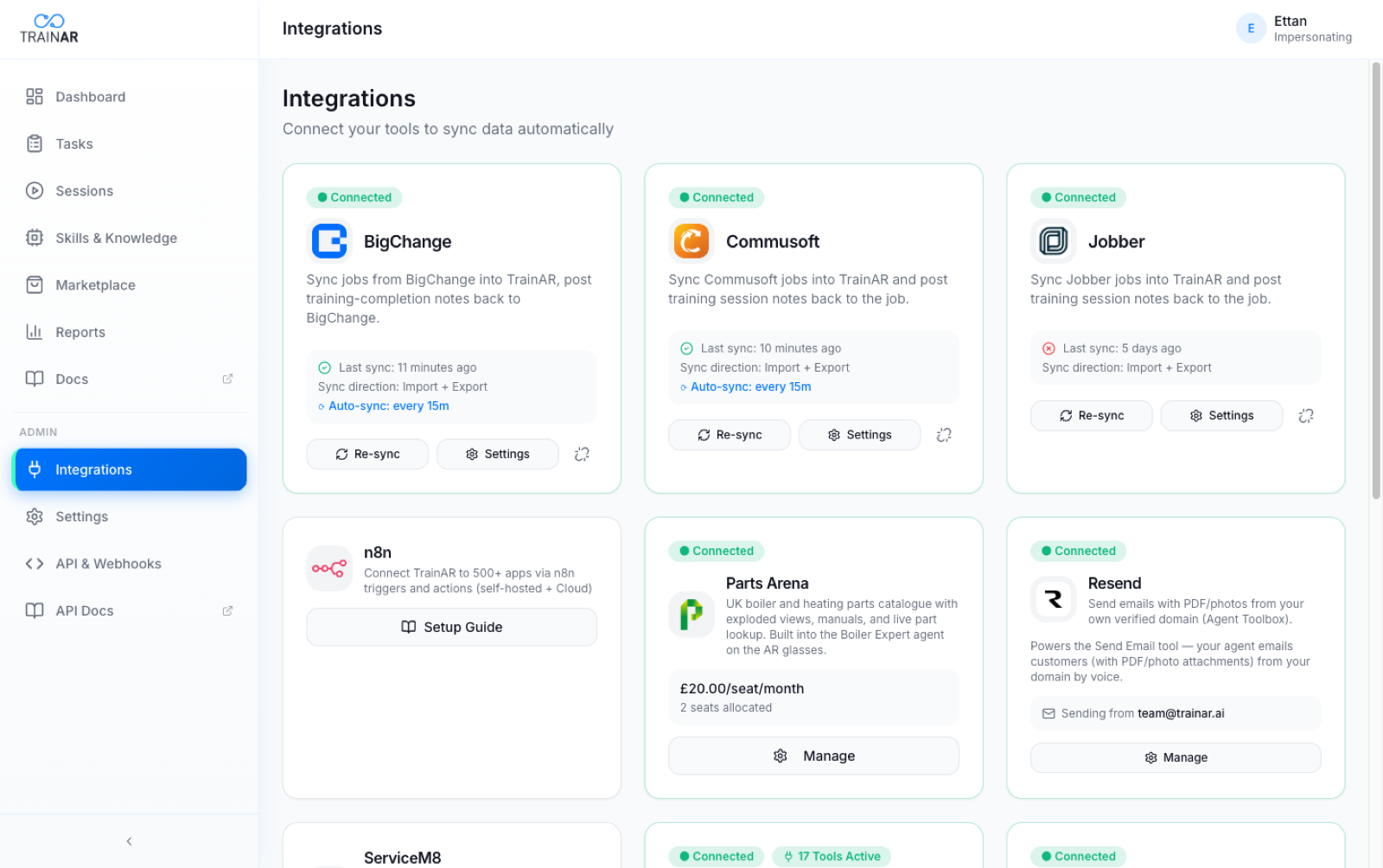 TrainAR integrations dashboard showing connected job-management, automation and communication tools