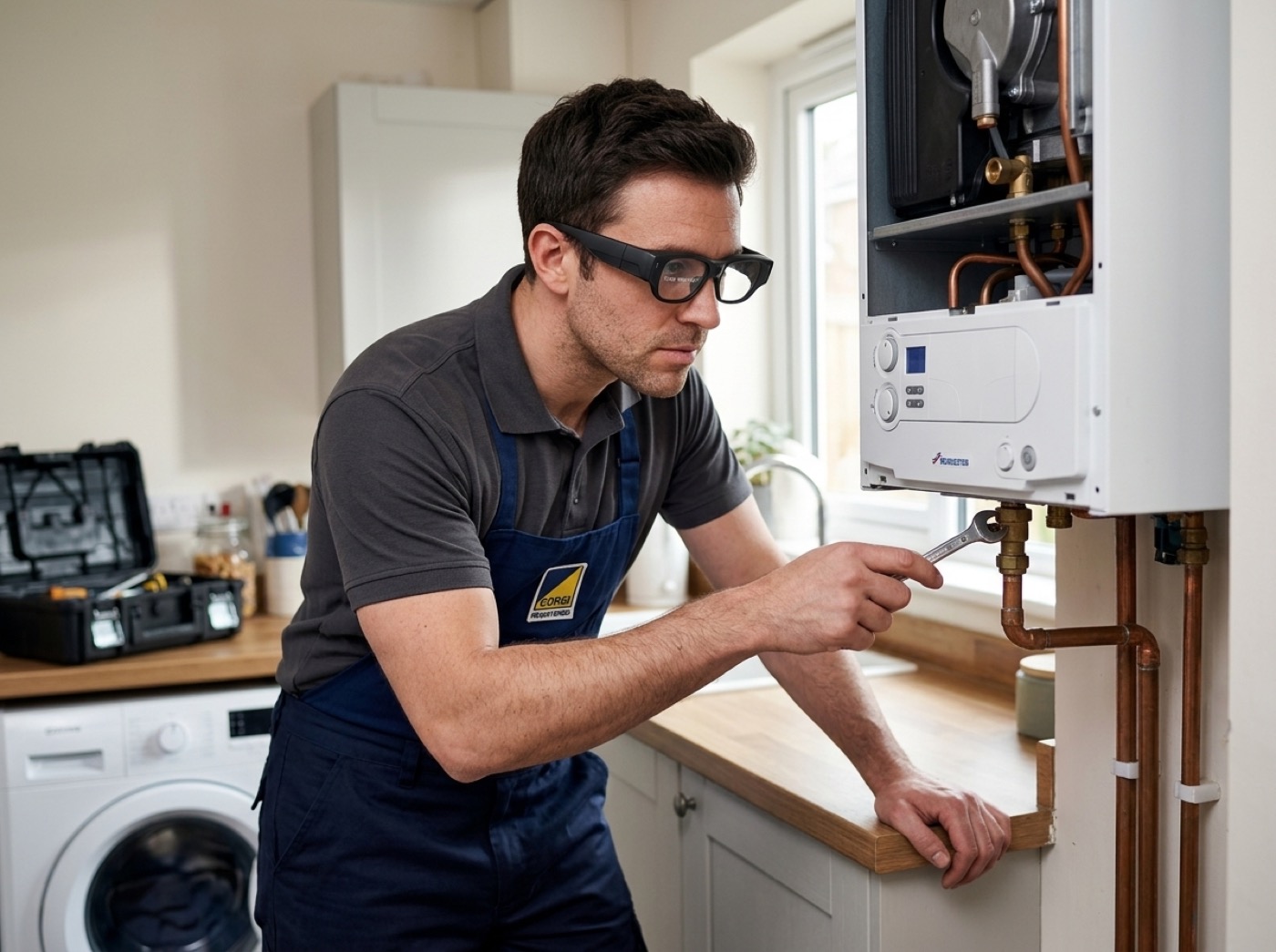 UK heating engineer servicing a Worcester boiler wearing TrainAR INMO Air 3 AR smart glasses