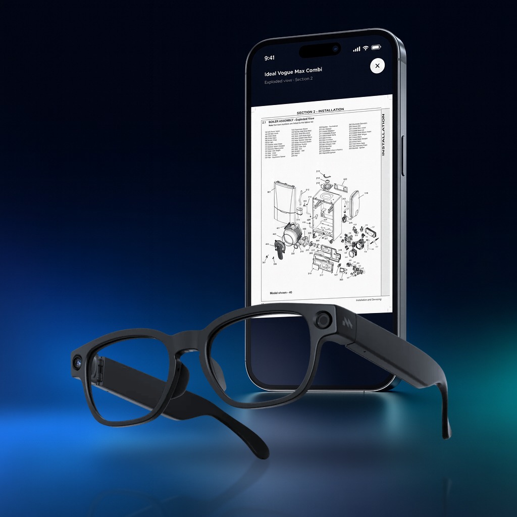 Mentra Live smart glasses beside a phone showing an exploded boiler diagram